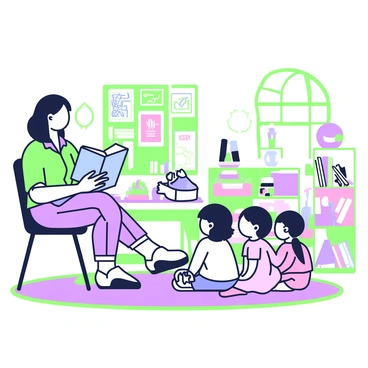 A teacher with shoulder-length hair is sitting on a chair, reading a storybook aloud to a group of young children who are seated on the colorful carpet. The children are attentively listening, with some sitting cross-legged and others leaning forward with curiosity. The classroom features multiple bulletin boards filled with educational materials and drawings. In the background, there are shelves filled with various books and toys, and a window showing bright daylight filtering into the room. The teacher is wearing a casual outfit, consisting of a colored shirt and jeans, while the children are dressed in vibrant clothing.