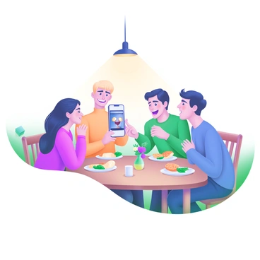 A group of four friends sitting around a wooden dinner table, each with a plate of food in front of them. Two friends are leaning towards the center, looking at a phone screen displaying a funny video, with smiles on their faces. The third friend is laughing with their head thrown back, while the fourth friend is playfully covering their mouth with one hand. Soft, warm lighting from overhead illuminates the scene, casting gentle shadows. Decorative items, such as a small vase of flowers and candles, are placed on the table, adding a cozy atmosphere.