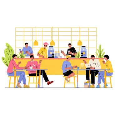 A busy cafe filled with various patrons seated at wooden tables. Some patrons are engaged in conversation, while others are focused on their laptops or reading books. The cafe has large windows allowing warm light to flood the space, creating a cozy atmosphere. Baristas are behind the counter preparing drinks, with coffee machines and pastries displayed prominently. A couple of plants are situated near the windows, adding a touch of greenery to the scene.
