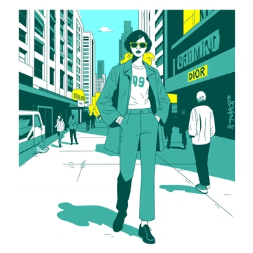 A teal trendy model is standing confidently on a busy city street, showcasing a fashionable Dior streetwear outfit. The model's attire consists of a stylish oversized jacket and fitted pants, both featuring distinctive Dior branding. Behind the model, there are tall buildings adorned with vibrant graffiti and urban art, adding a lively backdrop to the scene. The sidewalk is bustling with pedestrians, and some are stopping to admire the model's look. Bright yellow sunlight casts dynamic shadows on the ground, enhancing the energy of the urban environment. The model’s hair is styled in a modern fashion, and they are wearing sleek sunglasses, completing the trendy appearance.