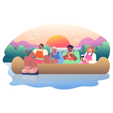 A group of four rafters is sitting on a wooden raft as the sun sets in the background, casting a warm orange and pink glow in the sky. Two rafters with tan skin are leaning against each other, smiling while reminiscing about their recent adventure. A third rafter with short dark hair is holding a drink while gazing thoughtfully at the water. The fourth rafter, a woman with long, wavy brown hair, is sketching on a notepad. The water around the raft is calm, reflecting the vibrant colors of the sky, and there are trees along the riverbank silhouetted against the sunset.