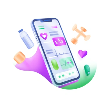 A modern pastel illustration featuring a smartphone vertically positioned on a flat surface. The screen of the smartphone displays a heart rate tracking app, showing a clear, user-friendly interface with colorful graphical elements. Visible on the screen are a heart icon, a digital representation of heart rate measurements, and a line graph indicating heart rate trends over time. Surrounding the smartphone are small health-related icons, including a dumbbell, a water bottle, and a running shoe, creating an engaging layout.