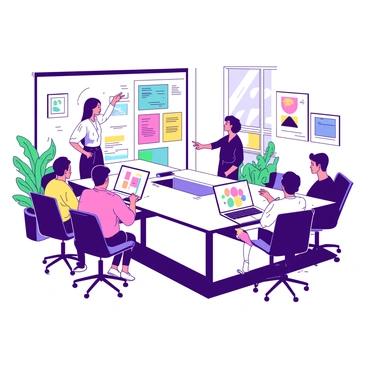 A team of designers is gathered around a sleek, modern conference table in a bright conference room. There are five designers: two women and three men, each presenting different branding concepts on their laptops. One woman is standing, pointing at a large screen displaying vibrant visuals of logo designs and color palettes. The other designers are attentively watching, taking notes on their notepads. The room has large windows letting in natural light, and there are green plants in the corners, adding a touch of nature to the modern decor. The walls are adorned with framed artwork, enhancing the creative atmosphere.