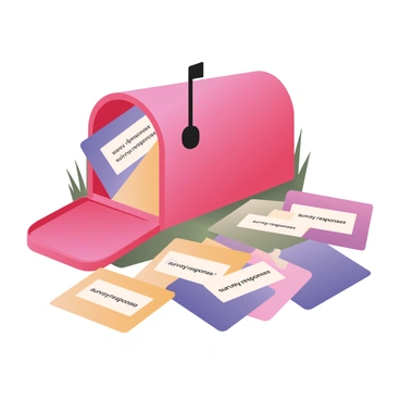 A digital flat illustration featuring an overflowing mailbox. The mailbox is a bright red color, with the door ajar and colorful envelopes spilling out. Each envelope is distinct, showcasing vivid hues such as blue, yellow, green, and pink. On the front of each envelope, there is a white label that reads "survey responses" in a clear font. The surrounding area is filled with scattered envelopes that have fallen to the ground, creating a sense of abundance. The background consists of a simple grassy area, with a few blades of grass peeking into the scene.