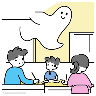 A translucent ghost, with a flowing and wispy form, is hovering above a wooden classroom desk. The desk is cluttered with a few scattered pens and a closed notebook. Below the ghost, several students are seated at their desks, focusing intently on a test in front of them. The students, a boy with short hair wearing a blue shirt and a girl with long hair in a ponytail wearing a pink dress, are gripping their pencils tightly. The classroom has pale yellow walls and a large window letting in soft light, creating a calm atmosphere. The ghost's eyes are wide and curious as it observes the students diligently working.