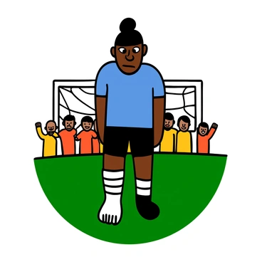 An athlete with medium skin and short black hair is standing on a green field, with an ankle wrapped in a white brace. The athlete is wearing a blue sports jersey and black shorts. Their facial expression shows determination, with furrowed brows and focused eyes. In the background, there are faint outlines of goalposts and a cheering crowd, creating an atmosphere of support and motivation.