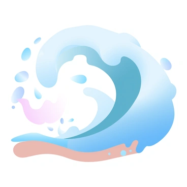 An ocean wave is depicted, composed entirely of rolling commas creating a dynamic, fluid shape. The wave is large and towering, with commas curling and twisting to simulate the movement of water. At the base of the wave, the commas are crashing against a sandy shore, sending smaller comma shapes flying into the air. The background shows a gradient of pastel colors, transitioning from soft blues to gentle pinks, capturing the tranquility of the scene. The shoreline is dotted with more commas, scattered where the wave has receded.