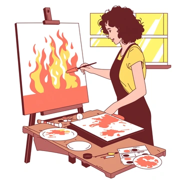 An artist with curly brown hair is standing in a bright studio, intently focused on a large canvas. The canvas displays swirling flames in vibrant colors. The artist holds a paintbrush in one hand, while the other hand is covered in splashes of orange paint. Around the artist, there are various tubes of paint scattered on a wooden table, along with a palette filled with mixed colors. Sunlight streams through a nearby window, illuminating the scene and creating a warm atmosphere in the studio.