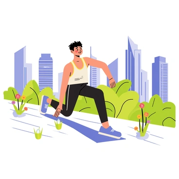 A person is performing lunges on a rooftop garden. The garden is filled with green plants and colorful flowers. Skyscrapers and buildings of various heights are visible in the background, showcasing a bustling cityscape. The person is wearing athletic clothing, and their focus is on maintaining proper form during the exercise. Sunlight casts shadows on the rooftop, creating a dynamic interplay of light and shade around them.