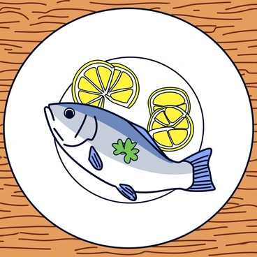 A whole snapper fillet is elegantly plated on a white round dish. The fish is lightly seared and glistens with a delicate sheen. It is garnished with a sprinkle of fresh green herbs, including parsley and dill, adding vibrant color. Several thin slices of bright yellow lemon are arranged artistically on the side of the fish. The dish is set on a rustic wooden table, featuring visible grains and a warm, textured surface.