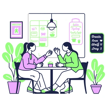 A cozy coffee shop interior is filled with several small tables and chairs, where women are gathered to engage in conversation. At one table, two women are seated, animatedly discussing. One woman has long hair tied back and is leaning forward with interest, while the other woman is gesturing with her hands as she speaks. Both women have cups of coffee in front of them. The walls of the shop are decorated with green plants and posters promoting health awareness. Nearby, a chalkboard menu displays different coffee options in handwritten script. The atmosphere is warm and inviting, with soft lighting creating a comfortable space for their dialogue about breast health and the importance of self-exams.