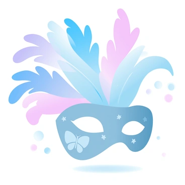 A masquerade mask is displayed prominently, featuring intricate "papillon" butterfly motifs delicately painted on its surface. The mask is embellished with vibrant feathers that fan out gracefully from the top, showcasing a mix of bold colors. The background is softly blurred, drawing attention to the mask's detailed craftsmanship and decorative elements. A gentle light casts subtle shadows, enhancing the texture of the feathers and the smoothness of the mask.