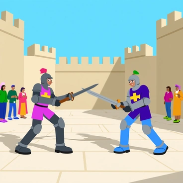 Two knights in training armor are engaged in a sparring match in a castle courtyard. Each knight is wearing shiny metal helmets, with colorful crests on top of them. They hold wooden swords, poised for action, showcasing determined expressions on their faces. The courtyard is surrounded by tall stone walls, with a few banners fluttering in the gentle breeze. Sunlight casts shadows on the cobblestone ground, where a few spectators can be seen watching the match with excitement. The sky is clear blue, adding vibrancy to the scene.