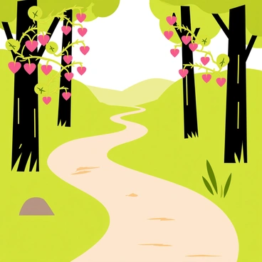 A scenic nature trail winding through a vibrant green forest. The trail is lined with clusters of "bleeding heart flowers" in shades of pink, gracefully arching over the path. Tall trees with thick trunks provide dappled sunlight on the trail, creating a warm and inviting atmosphere. A few small stones are scattered along the path, adding texture to the earthy ground. In the distance, a gentle slope can be seen, beckoning hikers to explore further into the lush wilderness.