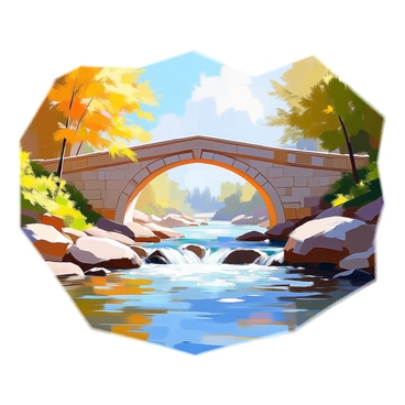 A historic stone bridge arches gracefully over a flowing river, creating a natural barrier between the banks. The bridge is constructed of weathered stones, featuring intricate carvings and a sturdy, arched design. The river below is lively, with clear blue water rushing past smooth rocks and shimmering under the sunlight. Lush greenery lines the riverbanks, with trees and shrubs adding vibrant foliage to the scene. Small ripples form in the water as it flows around the stones and under the bridge, enhancing the sense of movement and life in the landscape.