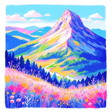 A mountain peak rises sharply against the sky, displaying rocky surfaces and patches of green moss. The foreground features wildflowers in various colors, adding vibrant splashes. Below, a lush valley stretches out, filled with dense trees and winding rivers. The sunlight bathes the valley in a warm glow, highlighting the rich greenery and creating a sense of depth. In the distance, rolling hills fade into the horizon, under a clear blue sky dotted with a few fluffy clouds.