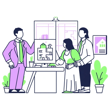 A real estate broker is standing in a modern office, holding a set of house blueprints open in front of him. He is wearing a tailored suit and has a professional demeanor. In front of him, a young couple is standing, both looking intently at the blueprints. The woman has long hair and is wearing a casual blouse, while the man is wearing a smart shirt and jeans. Behind them, there is a large window with a view of the city skyline. The office has a minimalist design with a sleek desk and a few potted plants in the corners. A wall-mounted screen displays additional information about the properties.