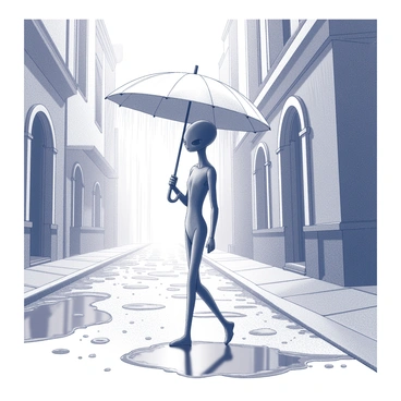 An extraterrestrial being with a slender, elongated body is walking along a cobblestone street. It carries a large, bright umbrella, which is opened above its head, shielding it from the rain. The umbrella's surface has a glossy texture, reflecting the raindrops that cascade down. Puddles formed on the ground mirror the image of the umbrella and the creature as it strides forward. Surrounding the street are quaint buildings with intricate architectural details, including arched windows and decorative moldings. Rain pours steadily, creating a misty atmosphere that adds depth to the scene. Small splashes are visible where raindrops hit the ground. The overall composition captures a unique interaction between the being and the environment, emphasizing its otherworldly presence.