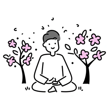 A guru with a serene expression, wearing a simple white robe, is sitting cross-legged on a soft patch of grass. Surrounding the guru are several flowering trees, each adorned with blossoms in shades of pink and white. Delicate petals are gently falling from the branches, creating a colorful carpet on the ground. The sunlight streams through the leaves, casting dappled shadows around the scene. A gentle breeze is stirring, causing the branches to sway slightly. The atmosphere is calm and tranquil, emphasizing the peaceful presence of the guru.