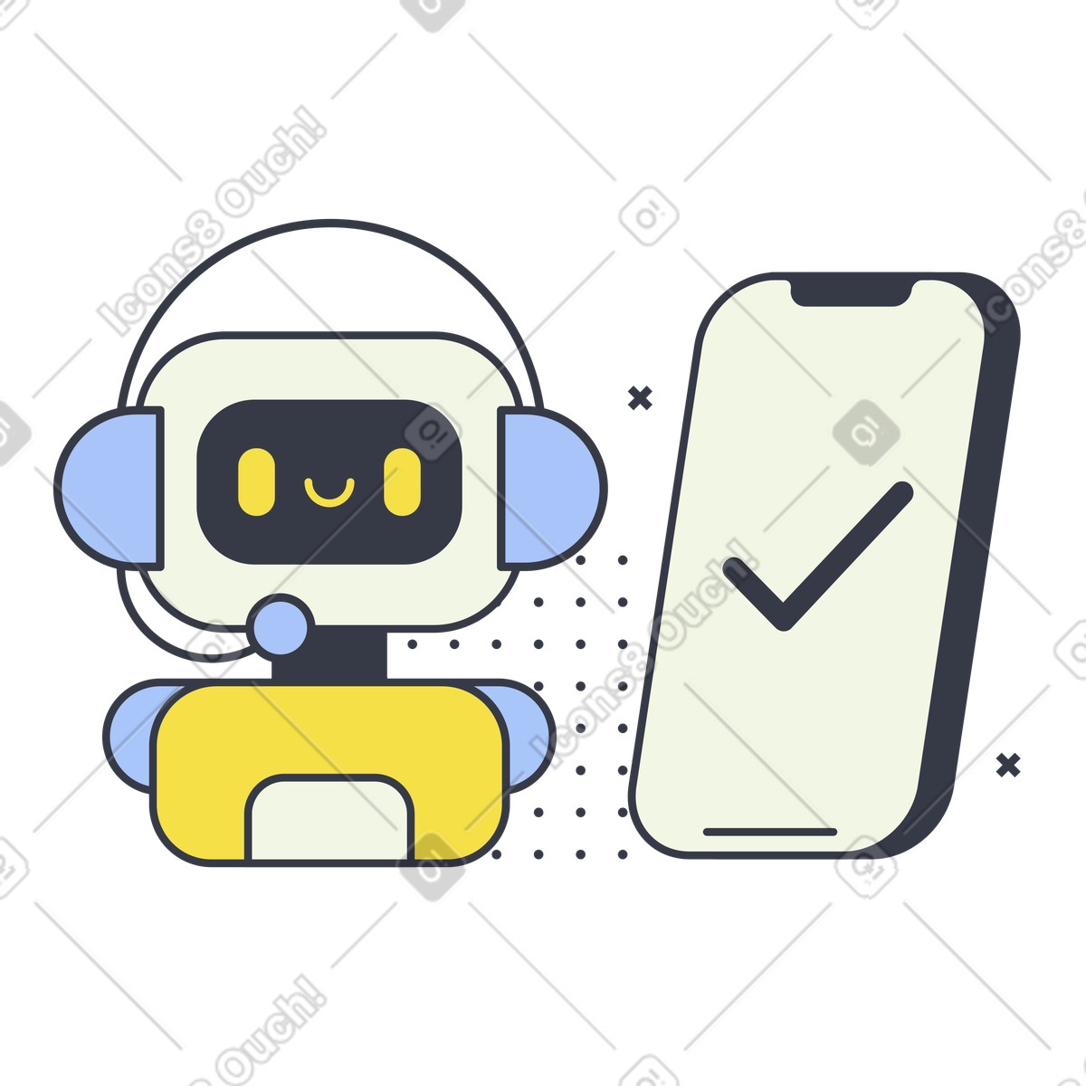AI assistant and done sign on smartphone, Task completion with AI automation illustration in Abstract style download in PNG, SVG