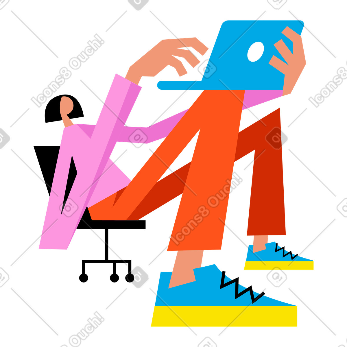 Mädchen, das auf einem stuhl mit laptop sitzt animierte Illustration im Warp-Stil als Download in GIF, Lottie (JSON), AE