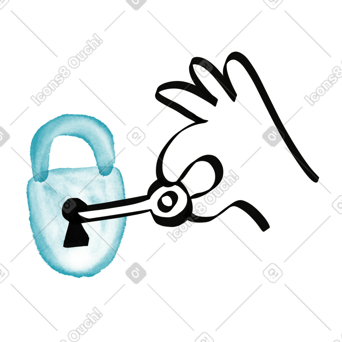 Padlock key held by hand unlocking secure access concept illustrazione in stile Watercolor sketch scarica in PNG, SVG