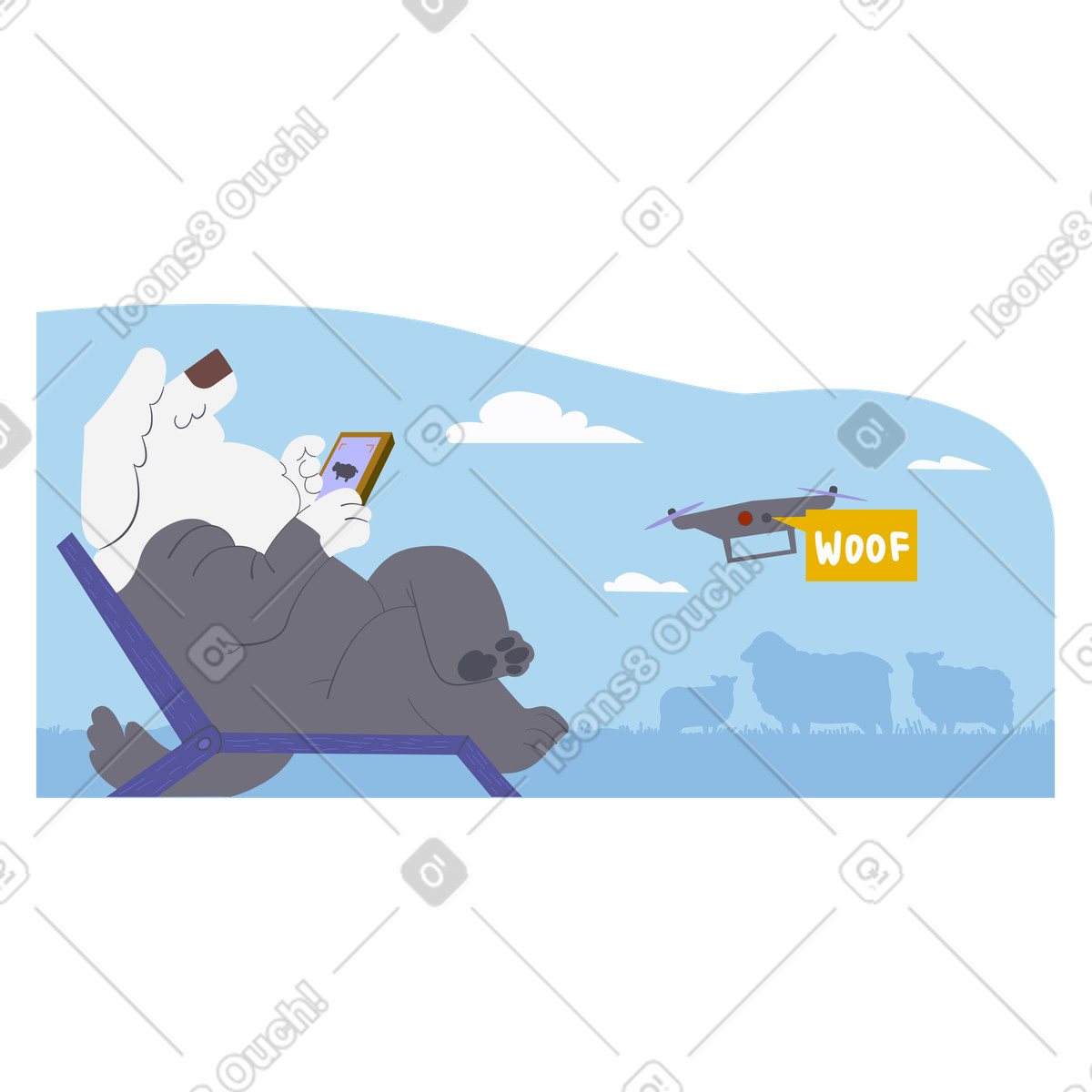 Woof 스타일의 스마트폰으로 드론을 조종하는 강아지 캐릭터 일러스트레이션 PNG, SVG 다운로드