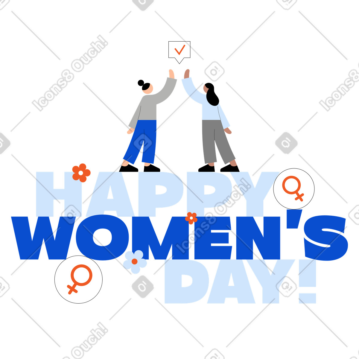 Ilustración Texto feliz del día de la mujer, símbolos femeninos y mujeres jóvenes chocando esos cinco en estilo Tiny a descargar en PNG SVG