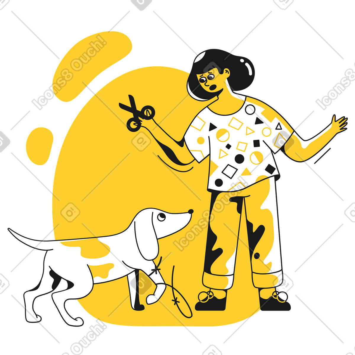 Ilustración Mujer atenta ayudando a un perro quitarse alambre de la pata en estilo Taxi descargar en PNG y SVG