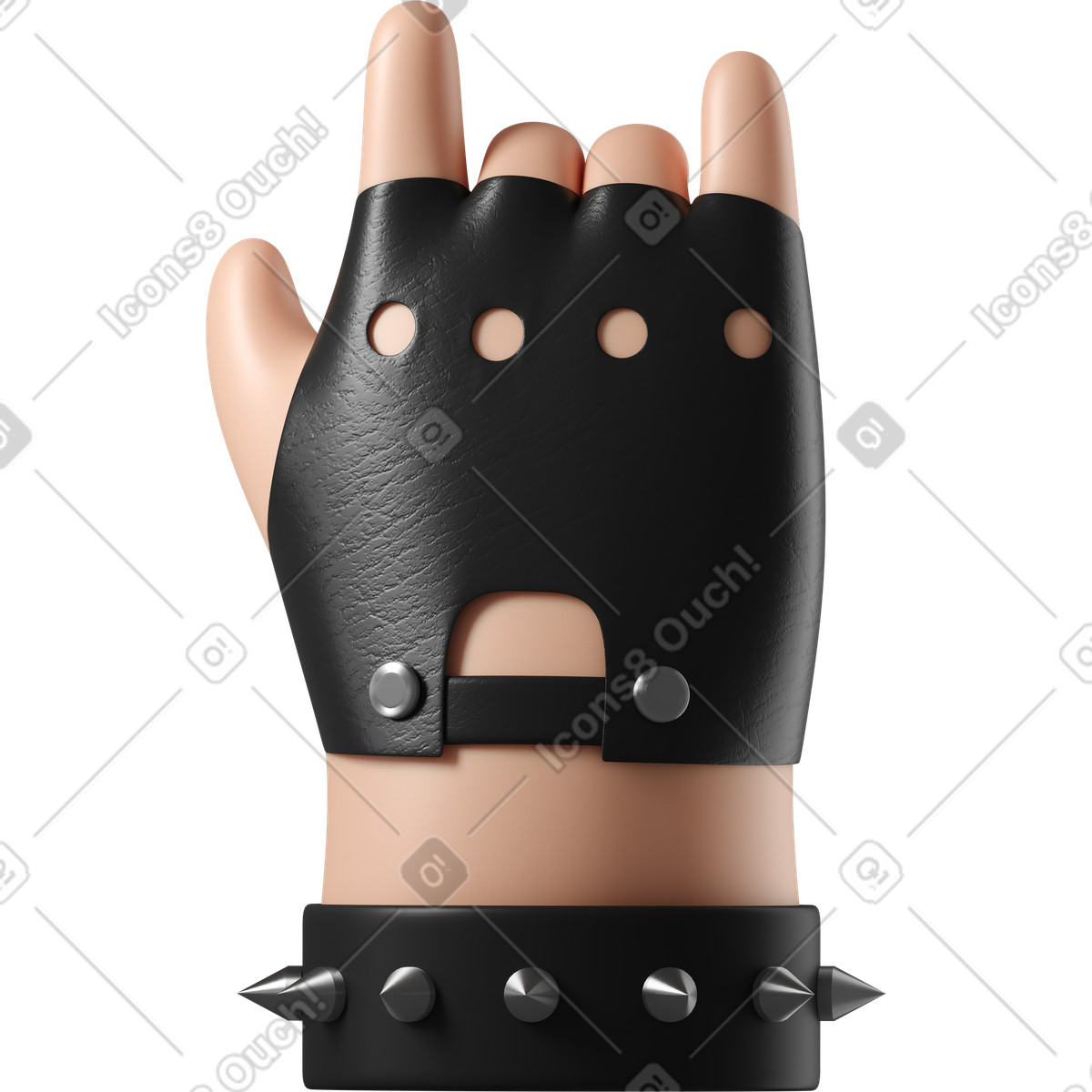 Ilustración Mano de piel blanca rockero con pulsera cuero que muestra el signo rock en estilo 3D Hands Fun&Wild a descargar en PNG y SVG
