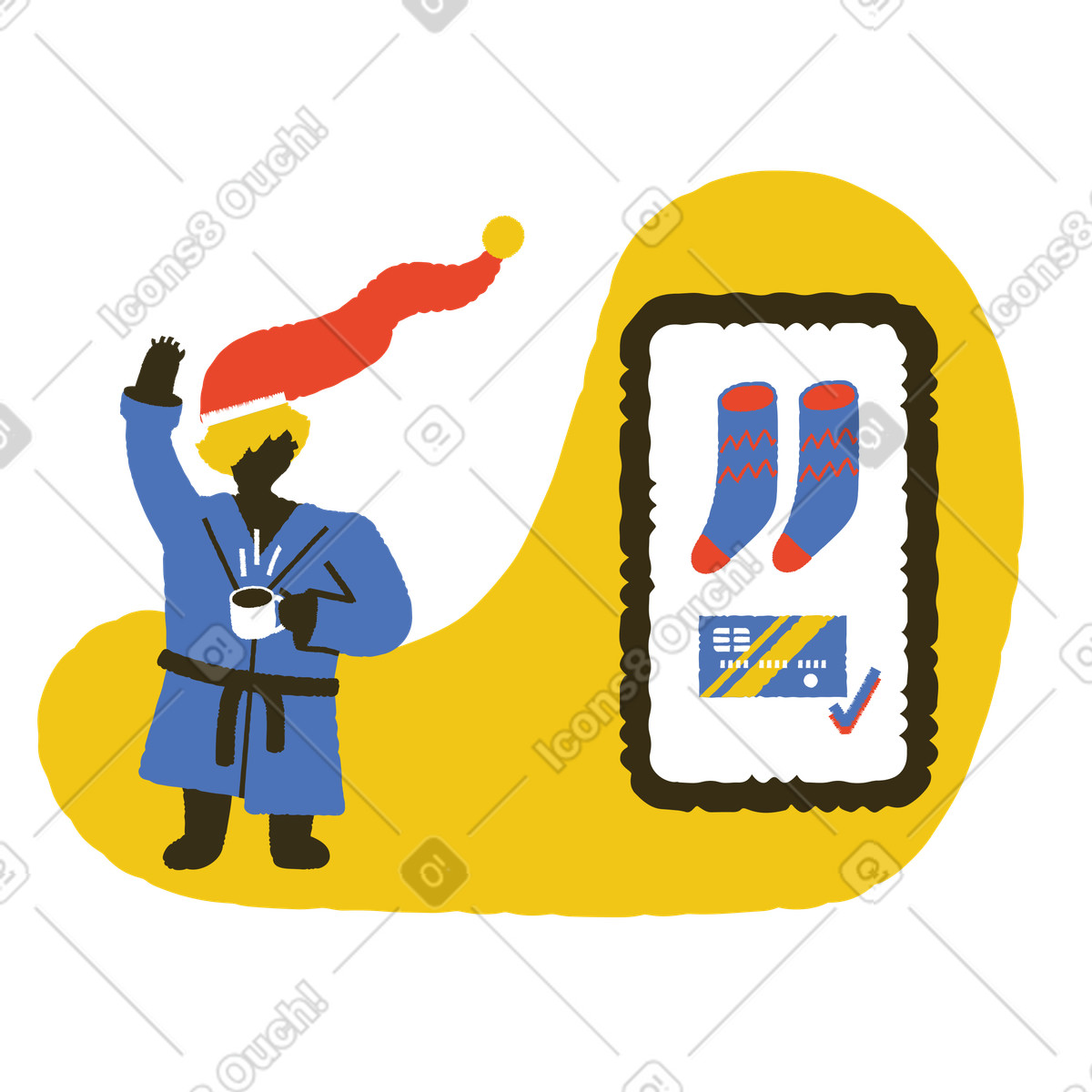 Ilustración Hombre tomando café y haciendo compras navideñas en línea estilo Bermuda a descargar PNG SVG