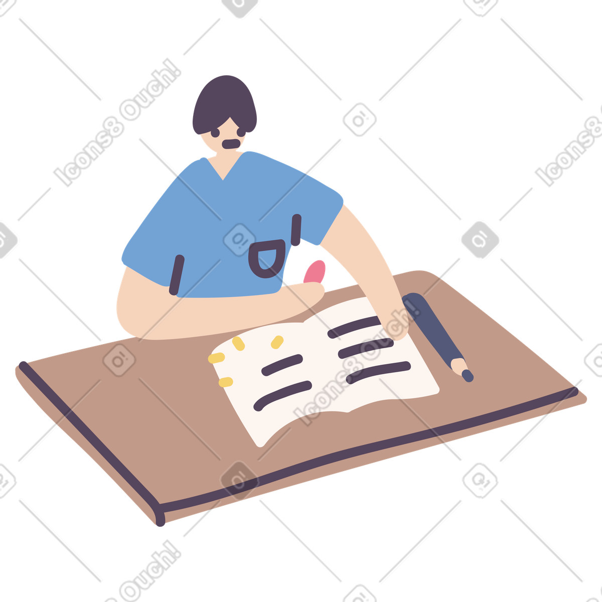 Man at the desk erasing his writing from notebook illustration in Pluto style download in PNG, SVG