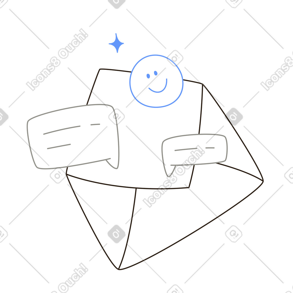 Ilustración Sobre con burbujas de chat y emoticonos, mensajería en línea e interacción del usuario estilo Plain a descargar PNG SVG