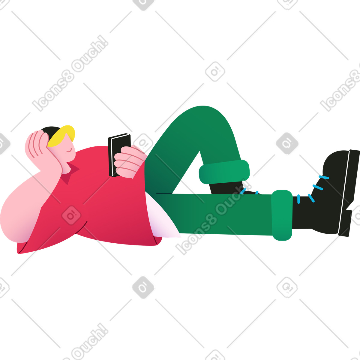 下载 Colors 风格的 戴着帽子的男人躺着拿着他的智能手机 插画，支持 PNG、SVG 格式