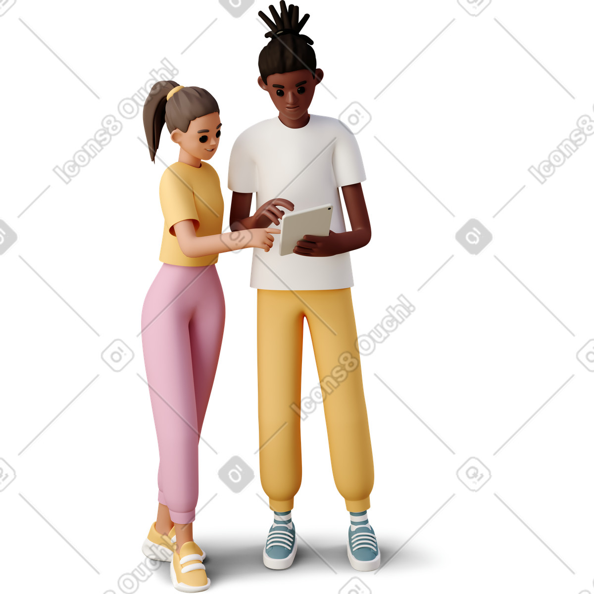 Girl and boy looking at tablet illustration in 3D Casual life style download in PNG, SVG
