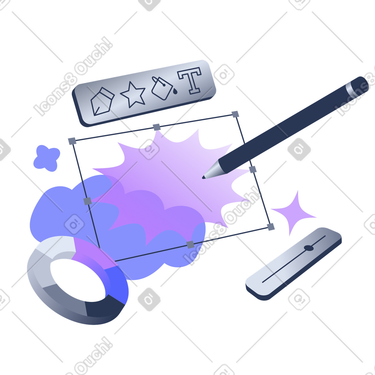 Ilustração de Design gráfico com barra ferramentas e caneta digital em no estilo Lucent para baixar em PNG, SVG