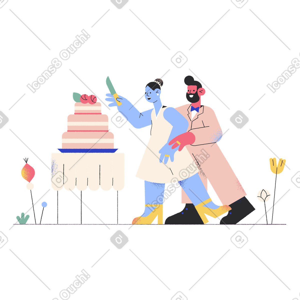 Newlyweds cutting the wedding cake illustration in Pablo style download in PNG, SVG