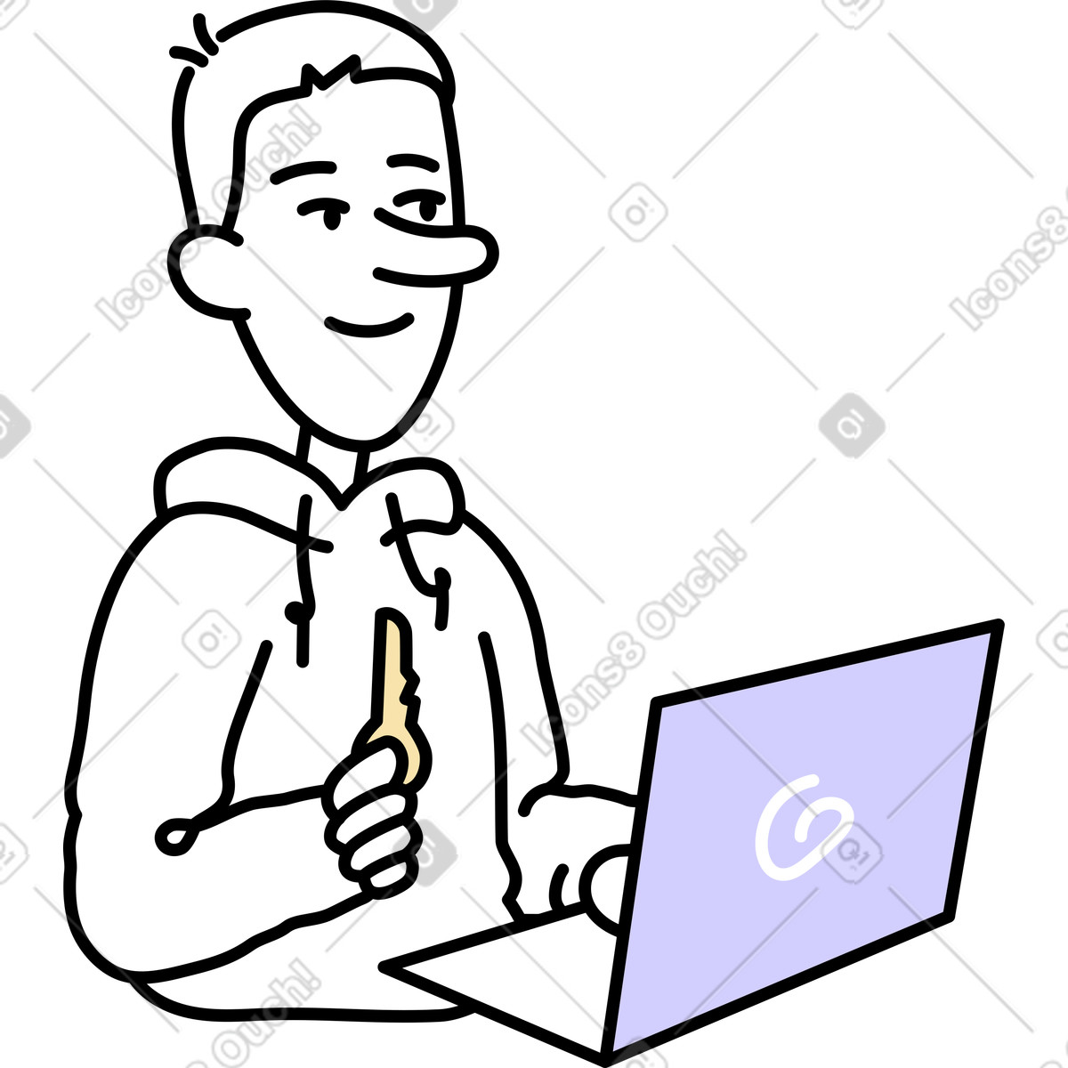 Man with a key and laptop illustration in Notes style download in PNG, SVG