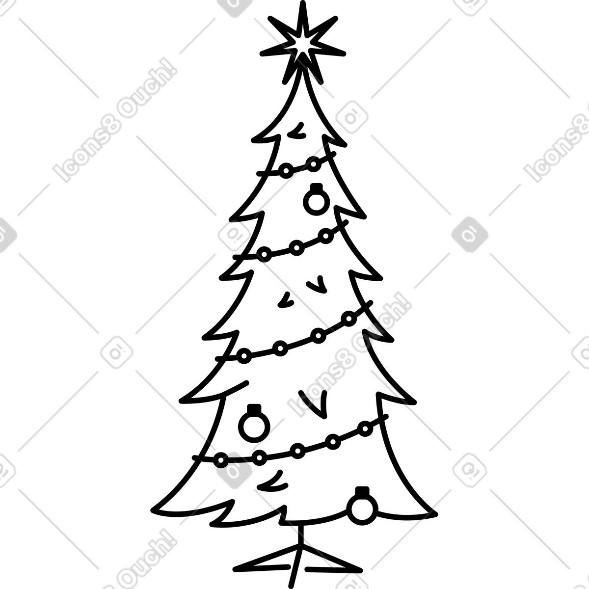 Christmas tree with star garland and hanging bauble ornaments silhouette illustrazione in stile Notion Line Art scarica in PNG, SVG