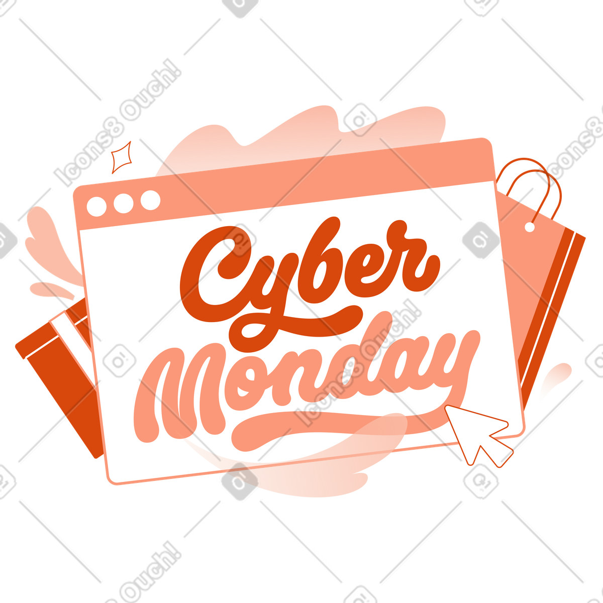 Web browser with cyber monday text, digital marketing and online sale illustration in Orange style download in PNG, SVG