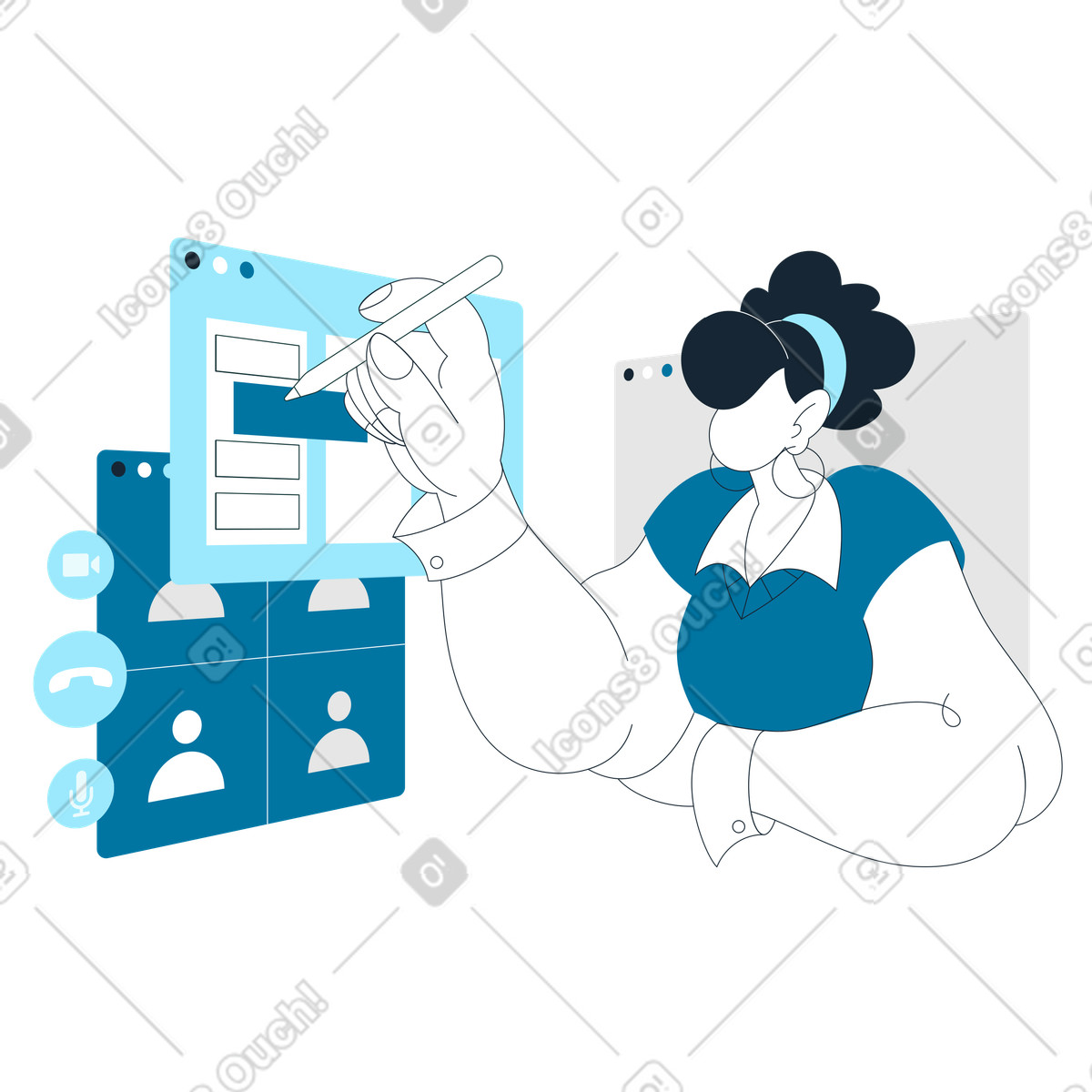 Ilustración Project manager organizing tasks during video call, Virtual teamwork and productivity en estilo Indigo a descargar en PNG y SVG