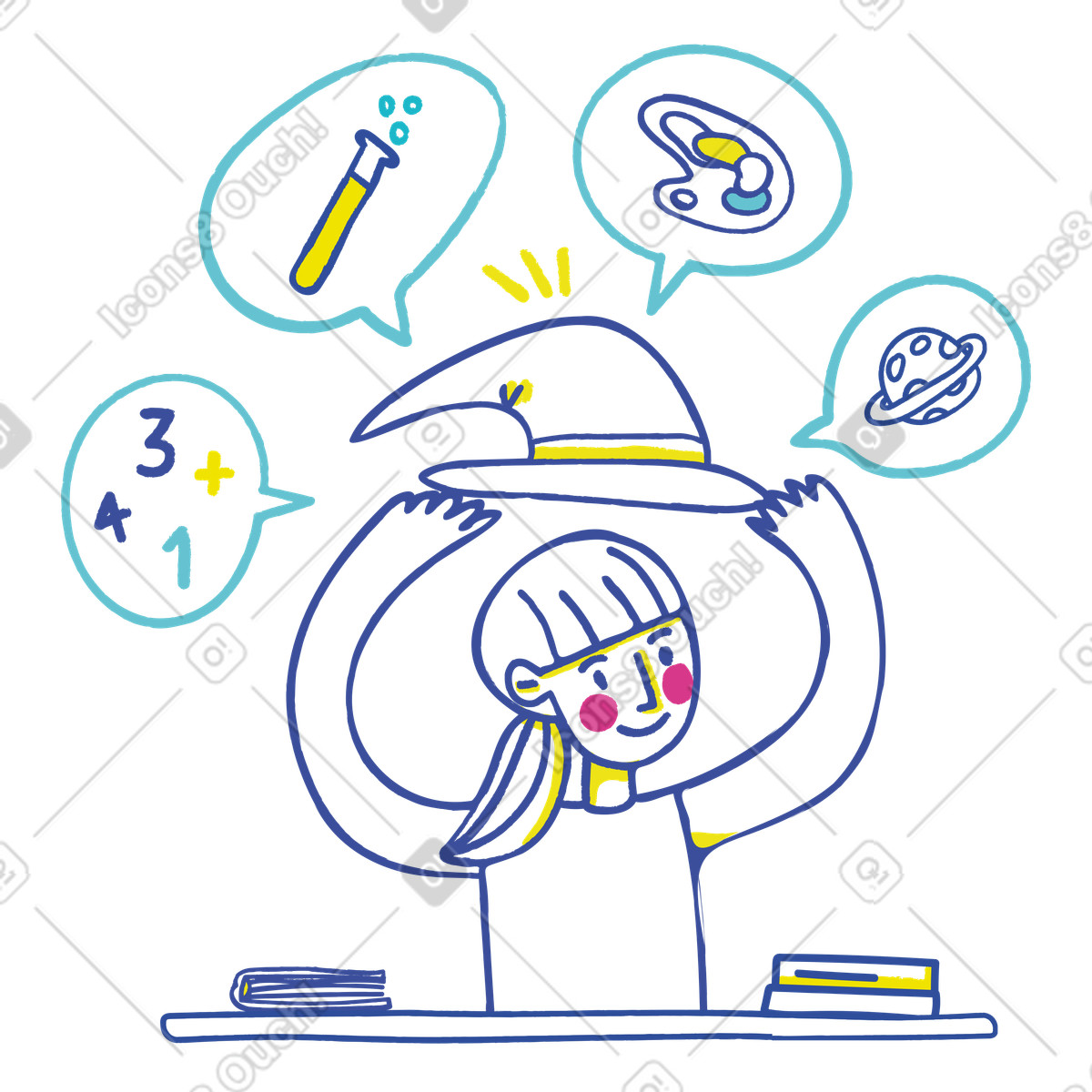 Ragazza che cerca di scegliere un percorso usando il cappello parlante illustrazione in stile Lime scarica in PNG, SVG
