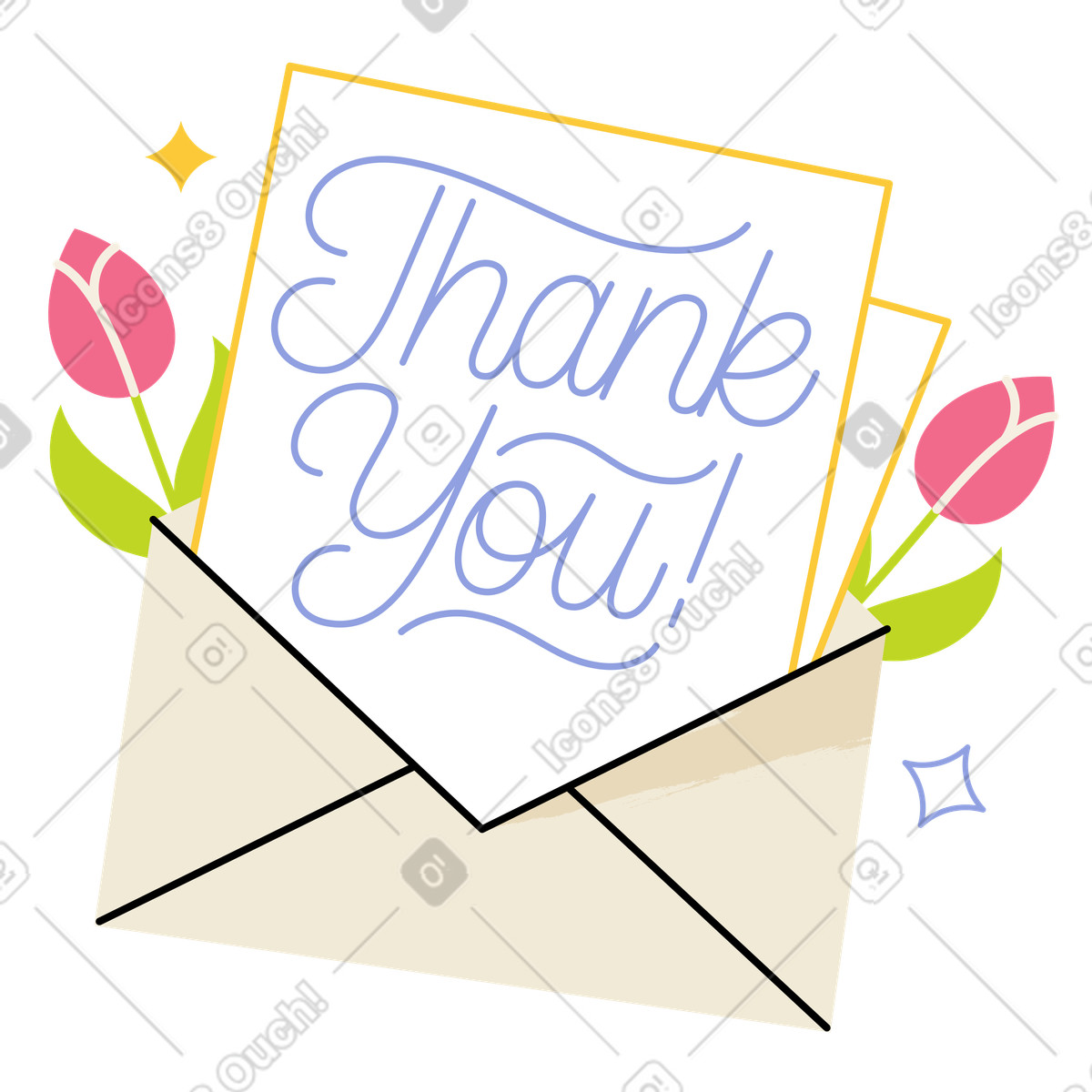 Ilustração de Open envelope with thank you note and tulips, Greeting recognition em no estilo Juicy para baixar em PNG, SVG