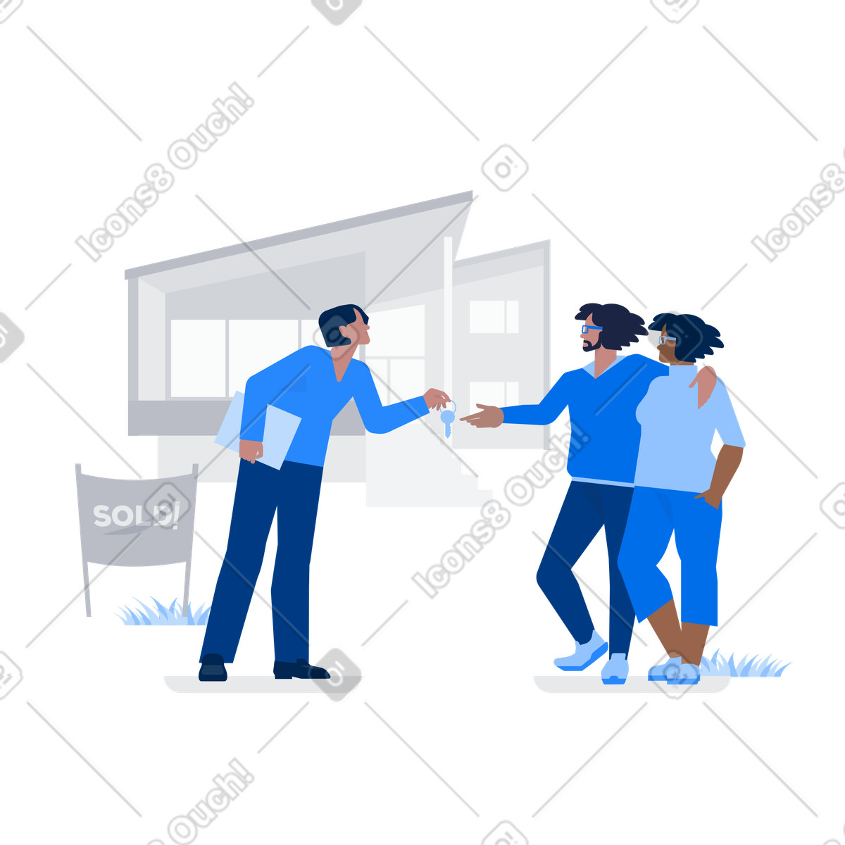 Ilustração de Corretor hipotecas entregando chaves aos clientes em no estilo Urban para baixar em PNG, SVG