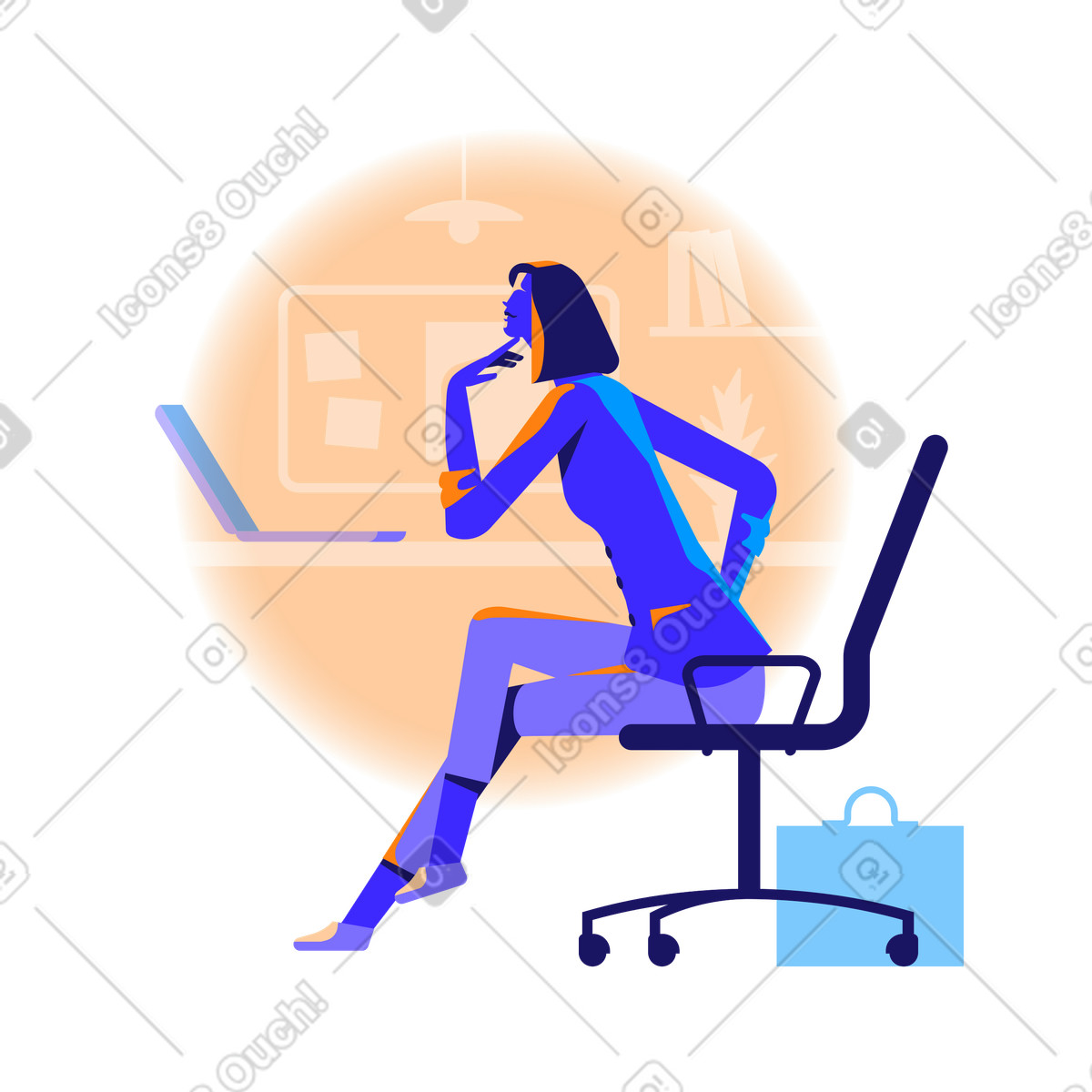 Worky スタイルの オフィスでラップトップに取り組んでいる女性 のイラストをPNG、SVG形式でダウンロード