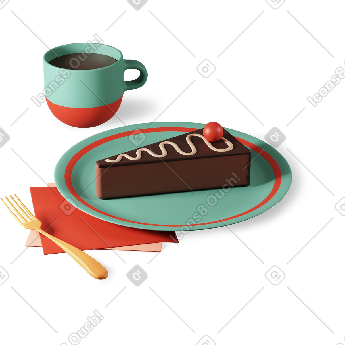 Pezzo di torta con caff&egrave; e forchetta illustrazione in stile 3D Plastic people scarica in PNG, SVG