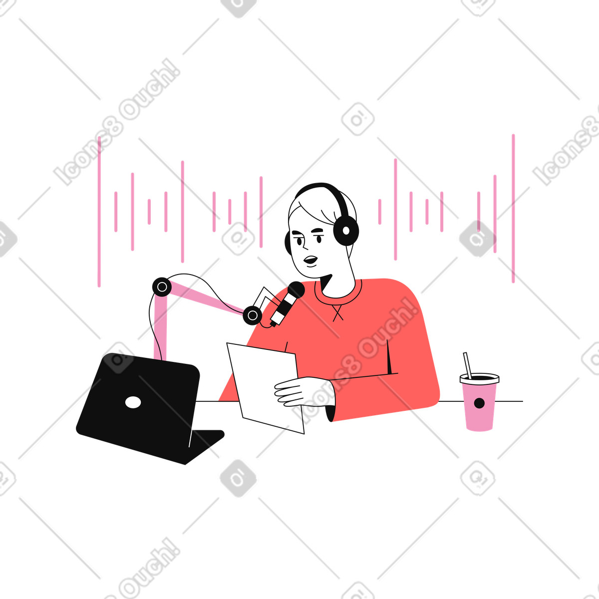 Experimental スタイルの ニュースを読みながらポッドキャストをホストしている男 のイラストをPNG、SVG形式でダウンロード