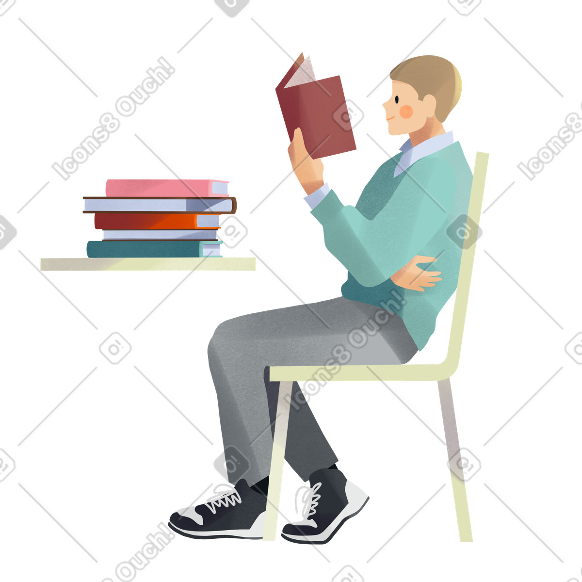 下载 Shine 风格的 Young man reading a book sitting at table 插画，支持 PNG、SVG 格式