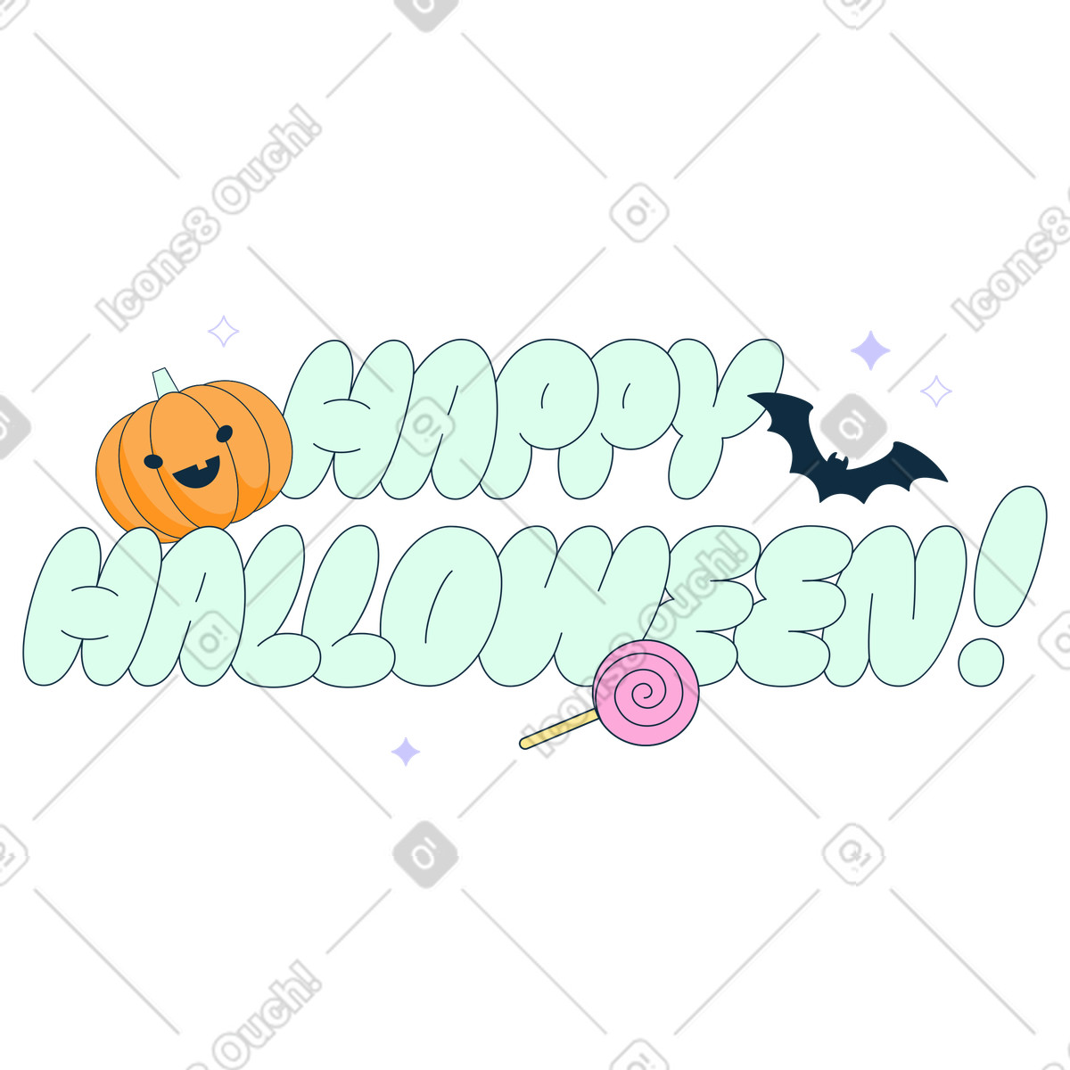 Illustration Joyeux lettrage d'halloween avec citrouille, bonbons et chauve-souris dans le style Bubble gum à télécharger aux formats PNG, SVG