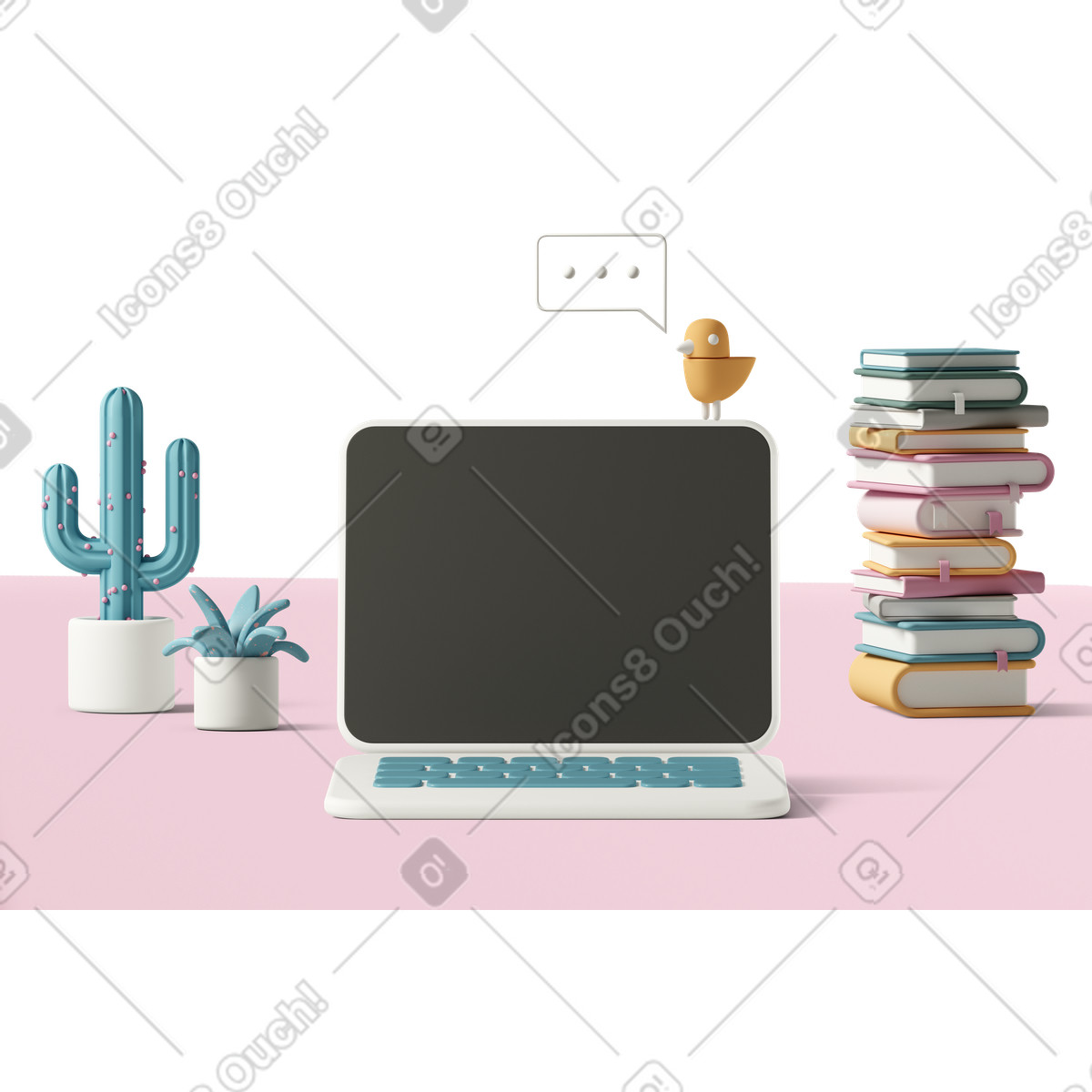 Laptop with a stack of books and cactus illustration clipart image in PNG SVG